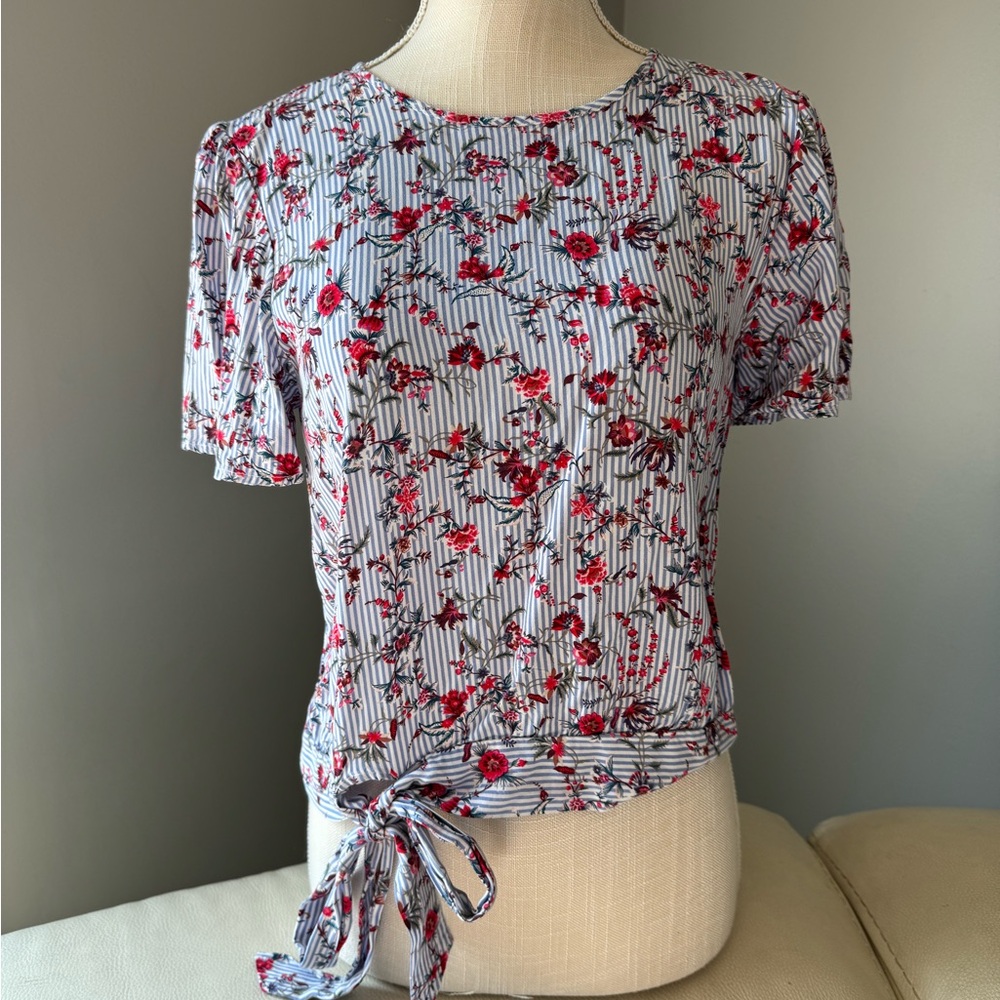 One Clothing Floral and Striped Blouse with Tie Detail